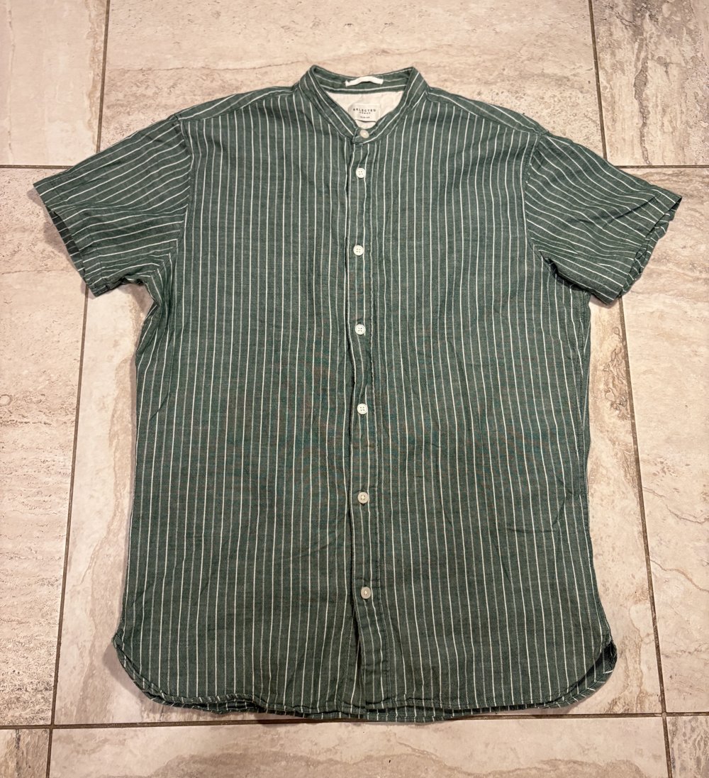 Chemise Rayée Verte Col Mao